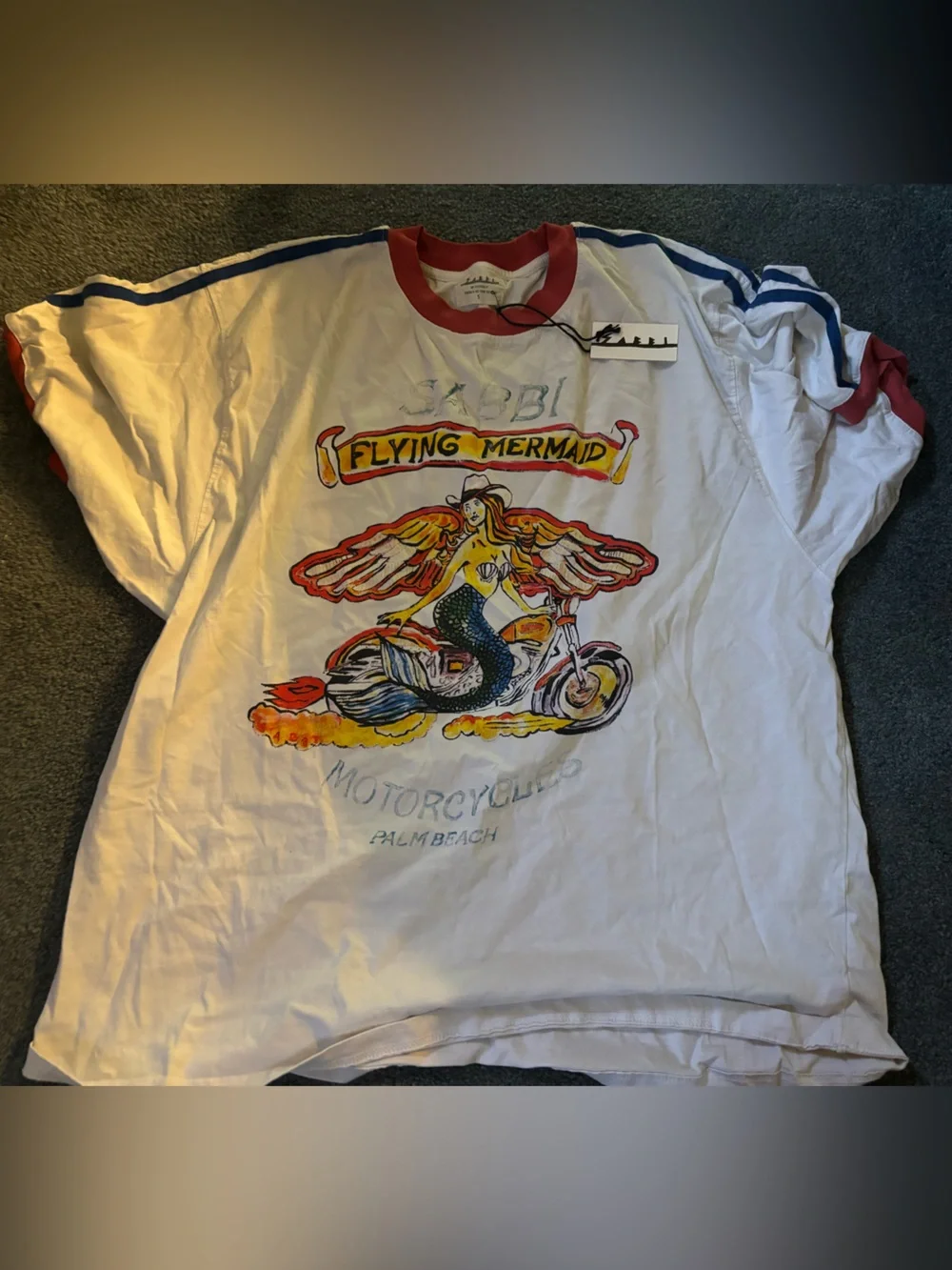 Flying Mermaid Graphic Ringer Tee - White with Red & Blue Accents-SABBI - Picture 1 of 5